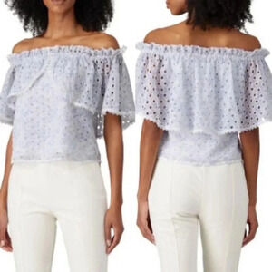 ML Monique Lhuillier Blue White Eyelet Off Shoulder Blouse Size Small